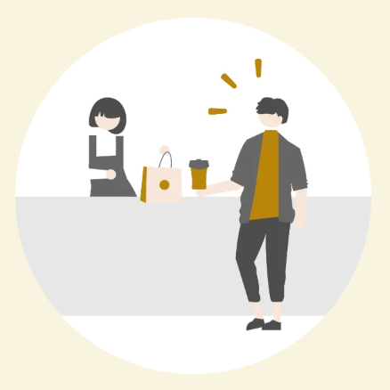 お店で商品を受け取り持ち帰る様子